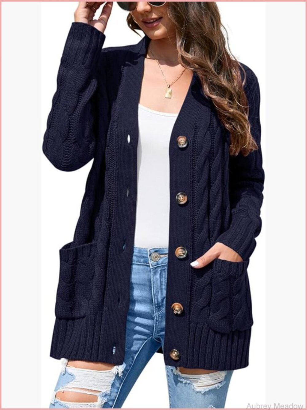 Casual Button Down Cardigan Chunky Long Sleeve Cable Knit Coat with Pockets